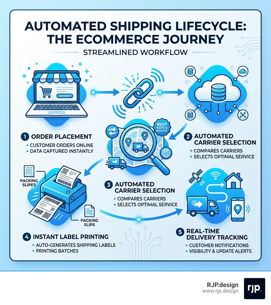 Automated shipping lifecycle infographic showing order placement, integration, carrier selection, label printing, and