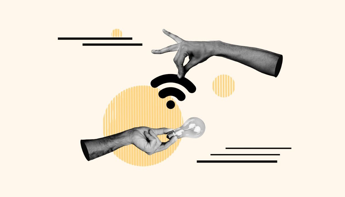 Minimalist collage of hands holding a Wi‑Fi symbol and a light bulb, symbolizing connectivity and innovation in IoT app development.