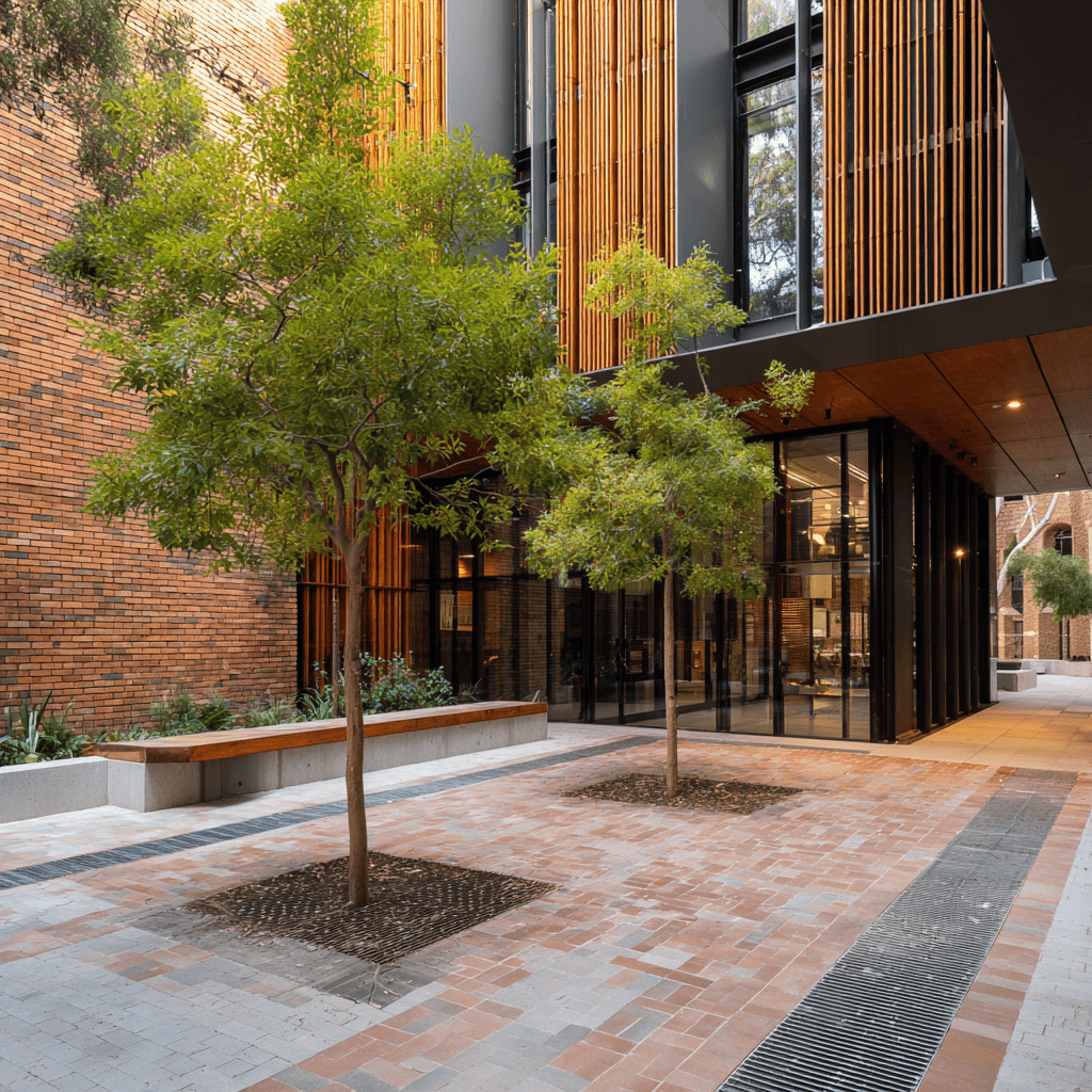 Contemporary brick building with a dramatic cantilevered glass wing overlooking a calm pond and lush park.