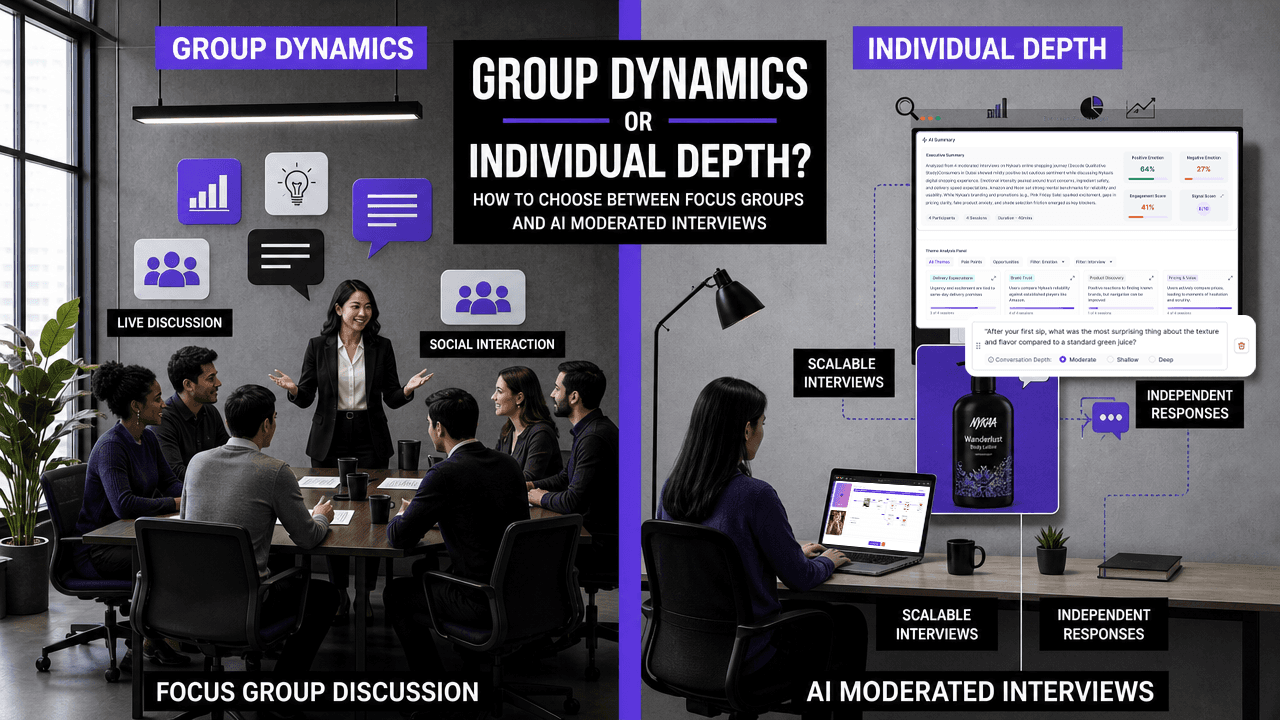 Split-screen visual comparing focus group discussions with AI moderated interviews, showing group dynamics on one side and individual depth with scalable interview insights on the other.