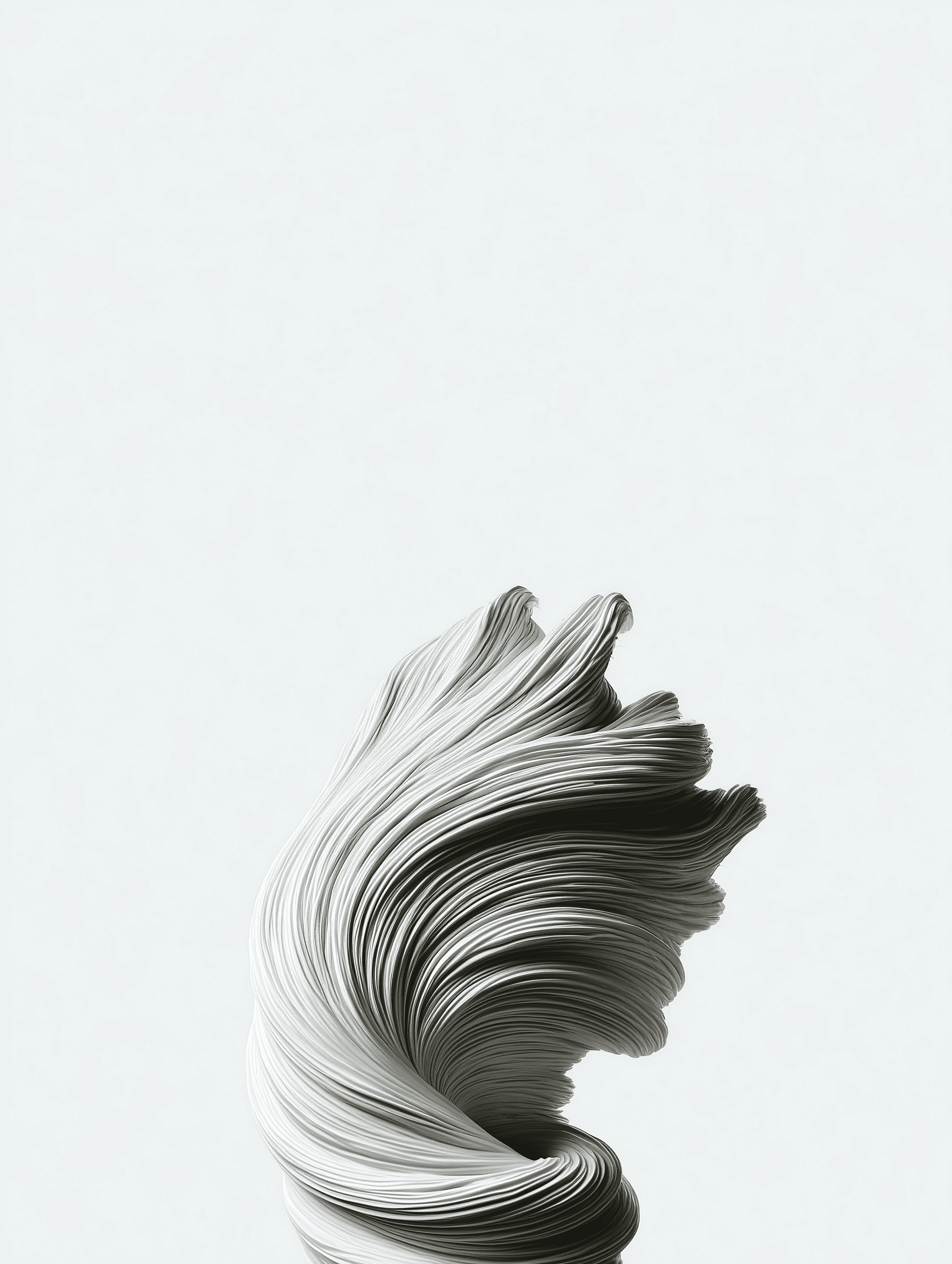 Abstract white sculptural form with flowing, layered curves against a minimal light background