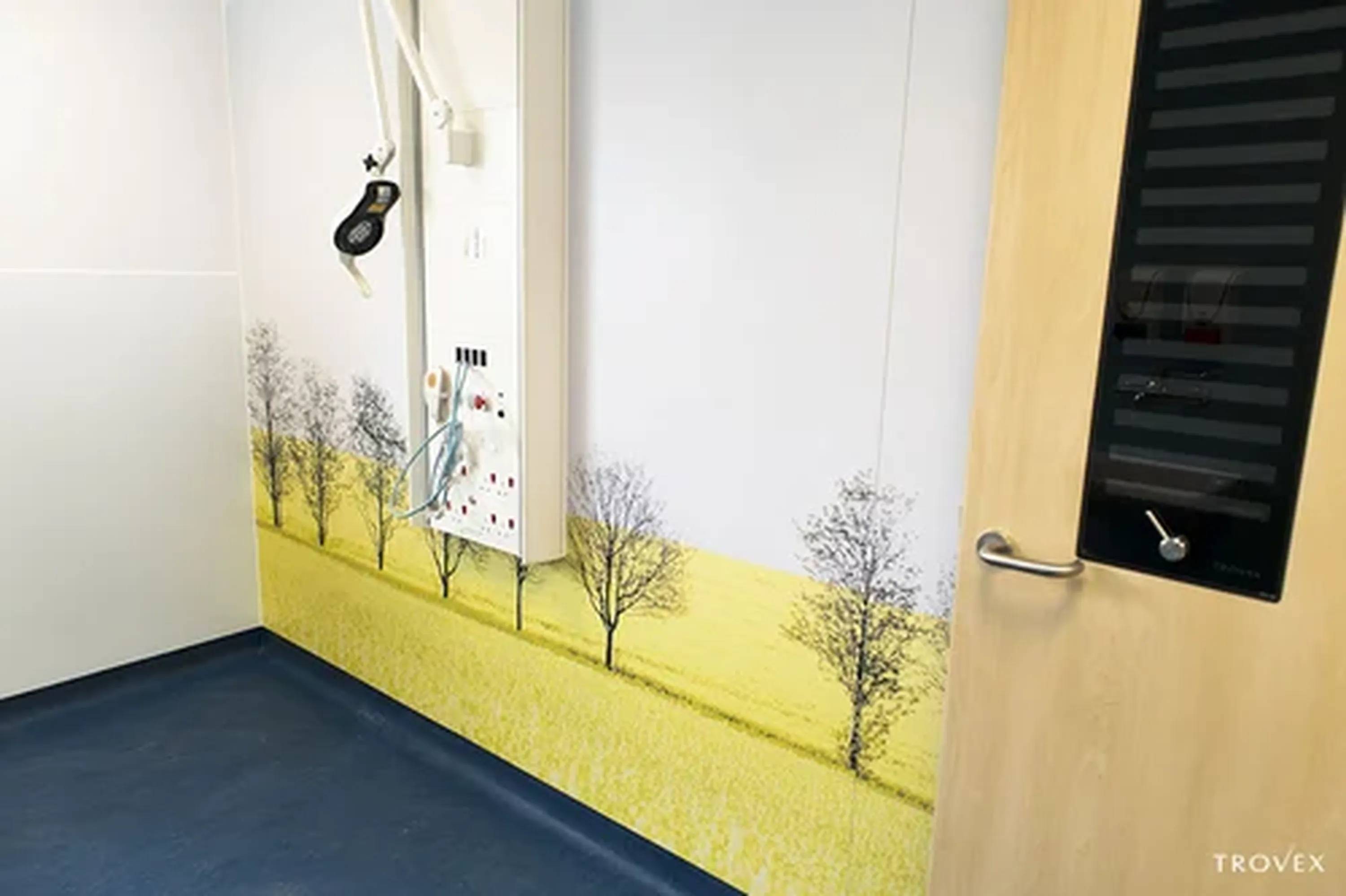 The Hygidoor in a woodgrain finish next to the Hygipod MSU infront of Gallery PVC wall cladding