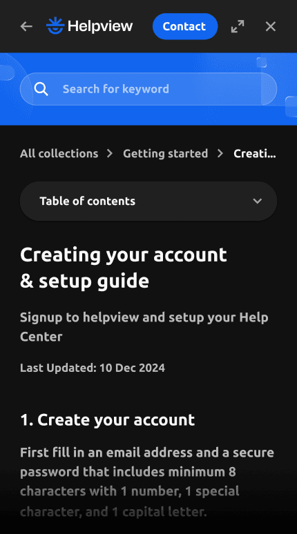 Helpview embedded help center widget displaying a help article synced from Notion in black theme.