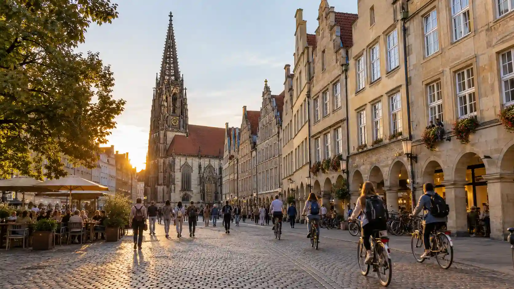 Münster city centre with historic architecture and bicycles near student accommodation in Münster, Germany