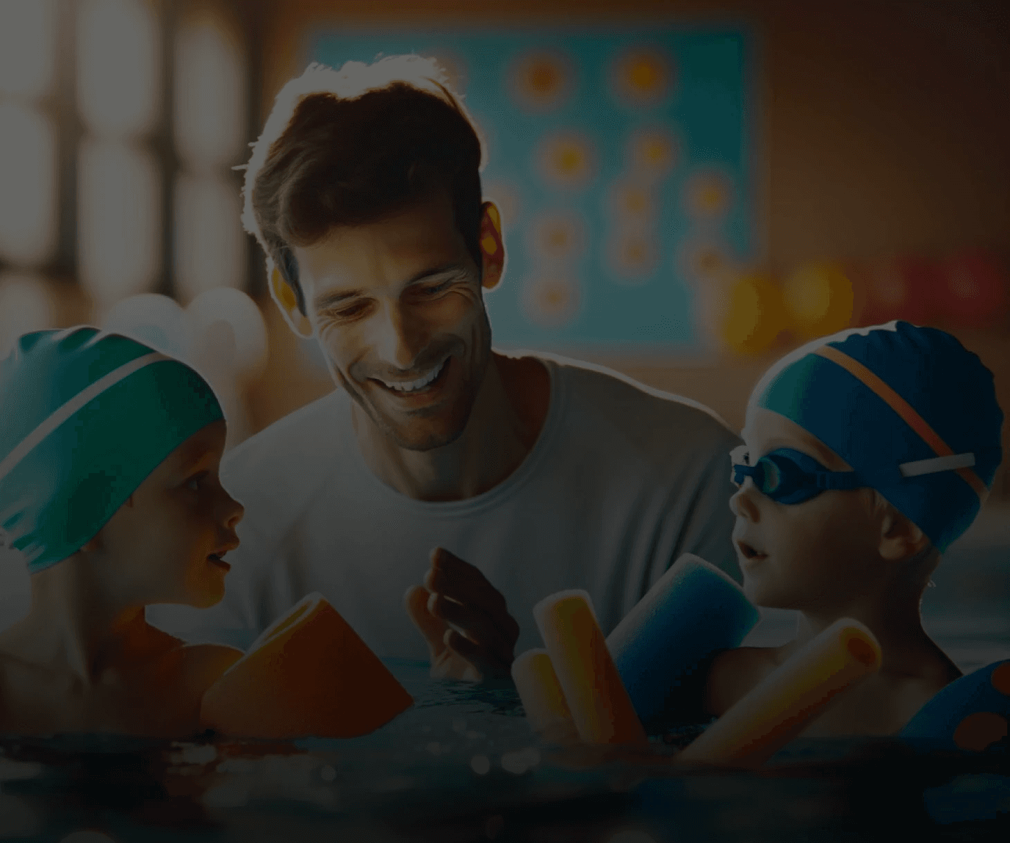 Un instructeur souriant, rassure et conforte deux enfants recevants leur première leçon de natation