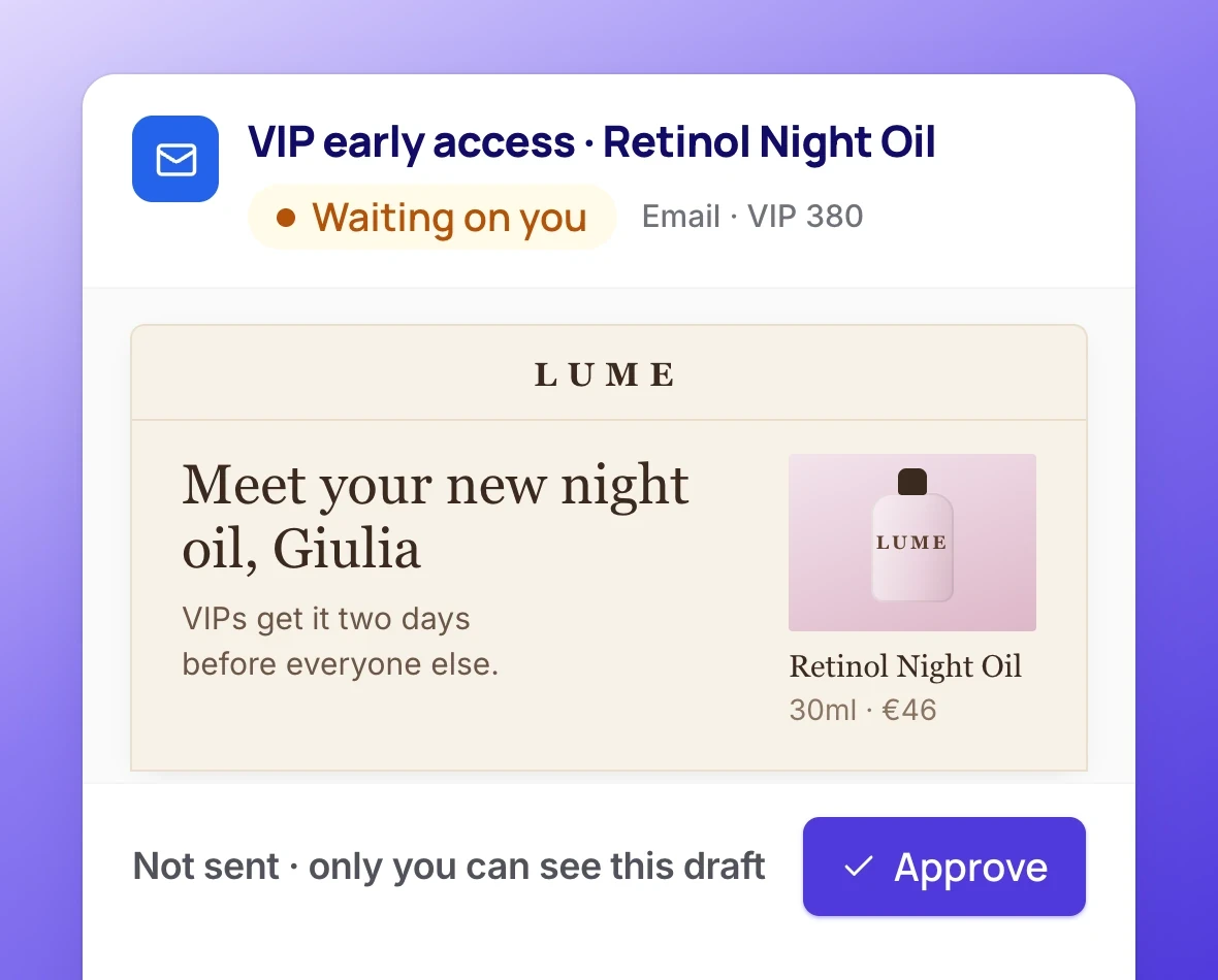 Draft VIP early access email for a night oil, waiting for the founder to approve before it is sent