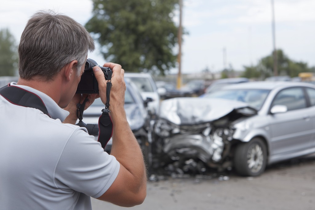 Close-up photograph of front-end vehicle damage after a collision