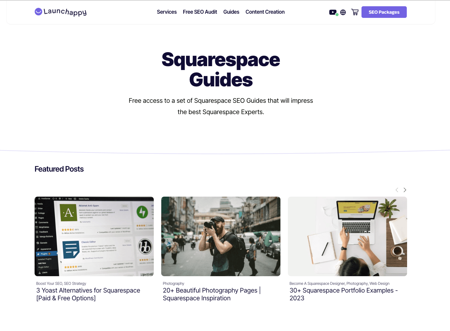 Launch Happy Squarespace Guides section offering free SEO guides with featured posts on Yoast alternatives, photography pages, and portfolio examples
