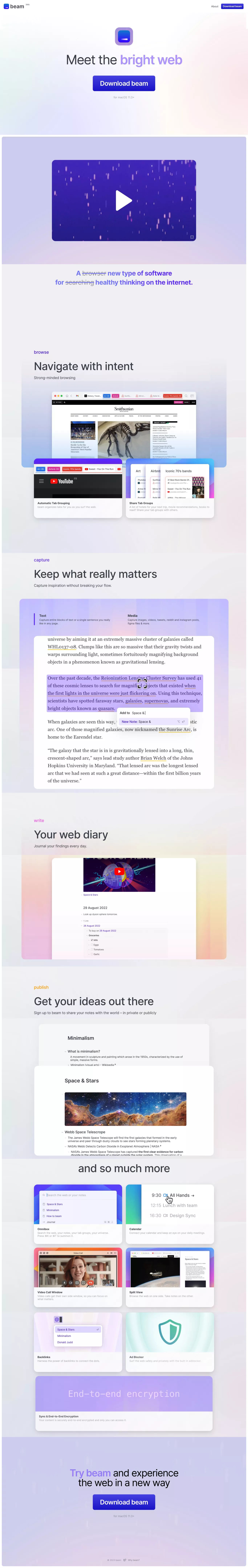 Meet the bright web – beam landing page screenshot showcasing Tech design