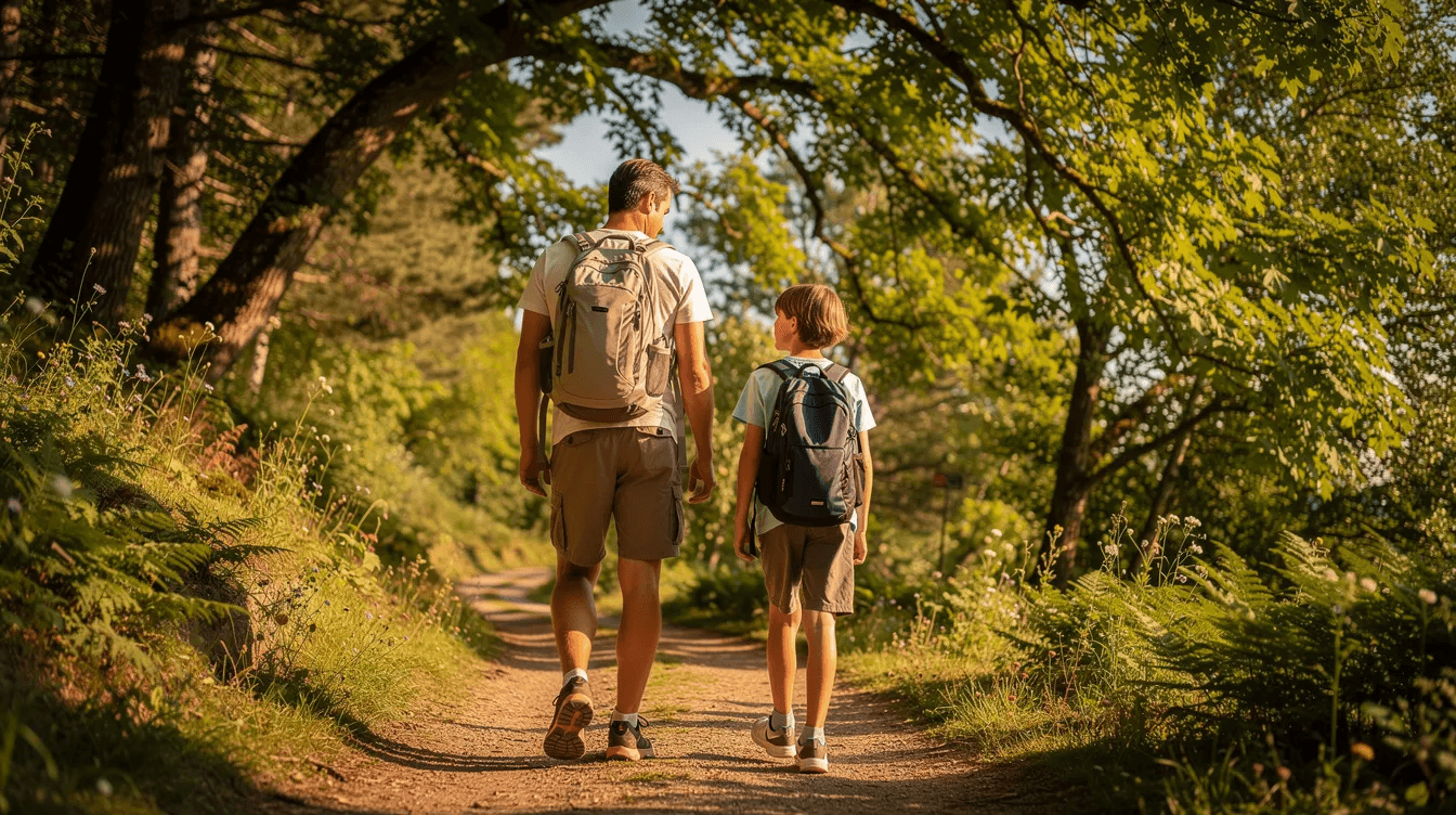 A teenager and parent are walking side by side on a sunlit wooded hiking trail, surrounded by lush greenery that represents the beauty of family retreats in nature. This moment reflects the importance of family values and the creation of lasting memories as they share stories and discuss their family's history while enjoying the outdoors together.