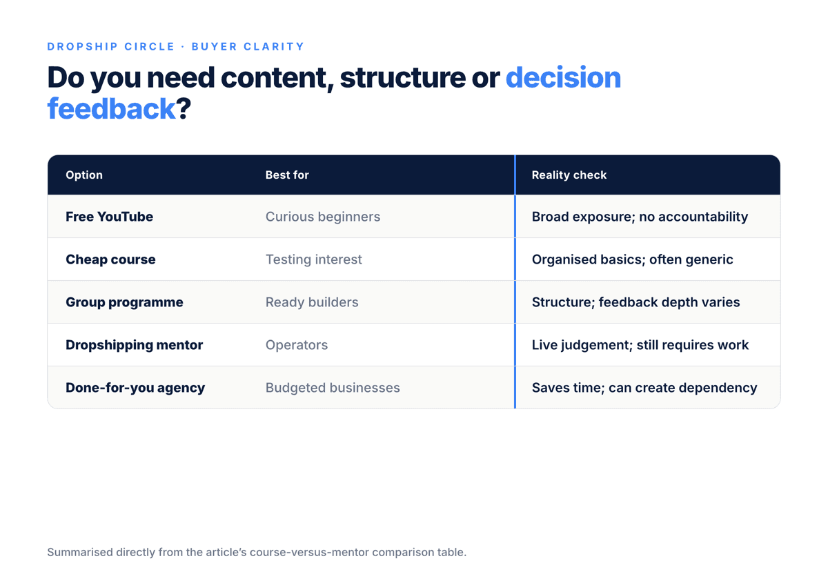 Comparison matrix showing free content, cheap courses, group programmes, mentors and done-for-you agencies by what they provide and where they are weak.