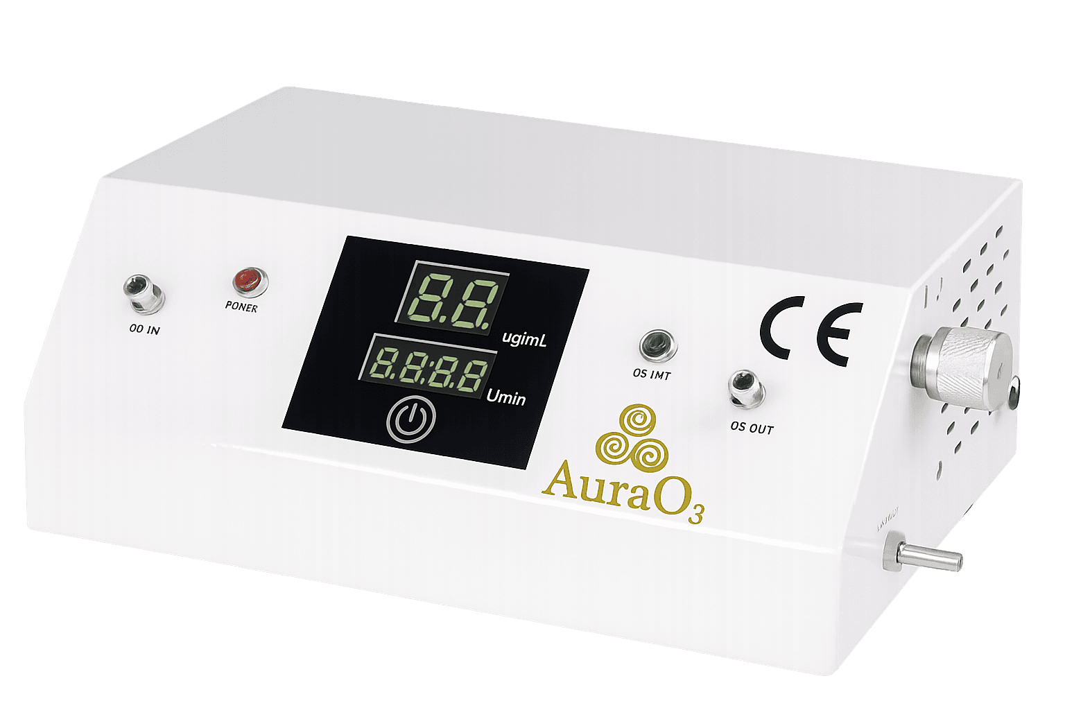AuraO₃ Model OG-01 Medical Quartz Ozone Generator — compact white professional-grade unit with digital display, control dial, and dual ozone output ports