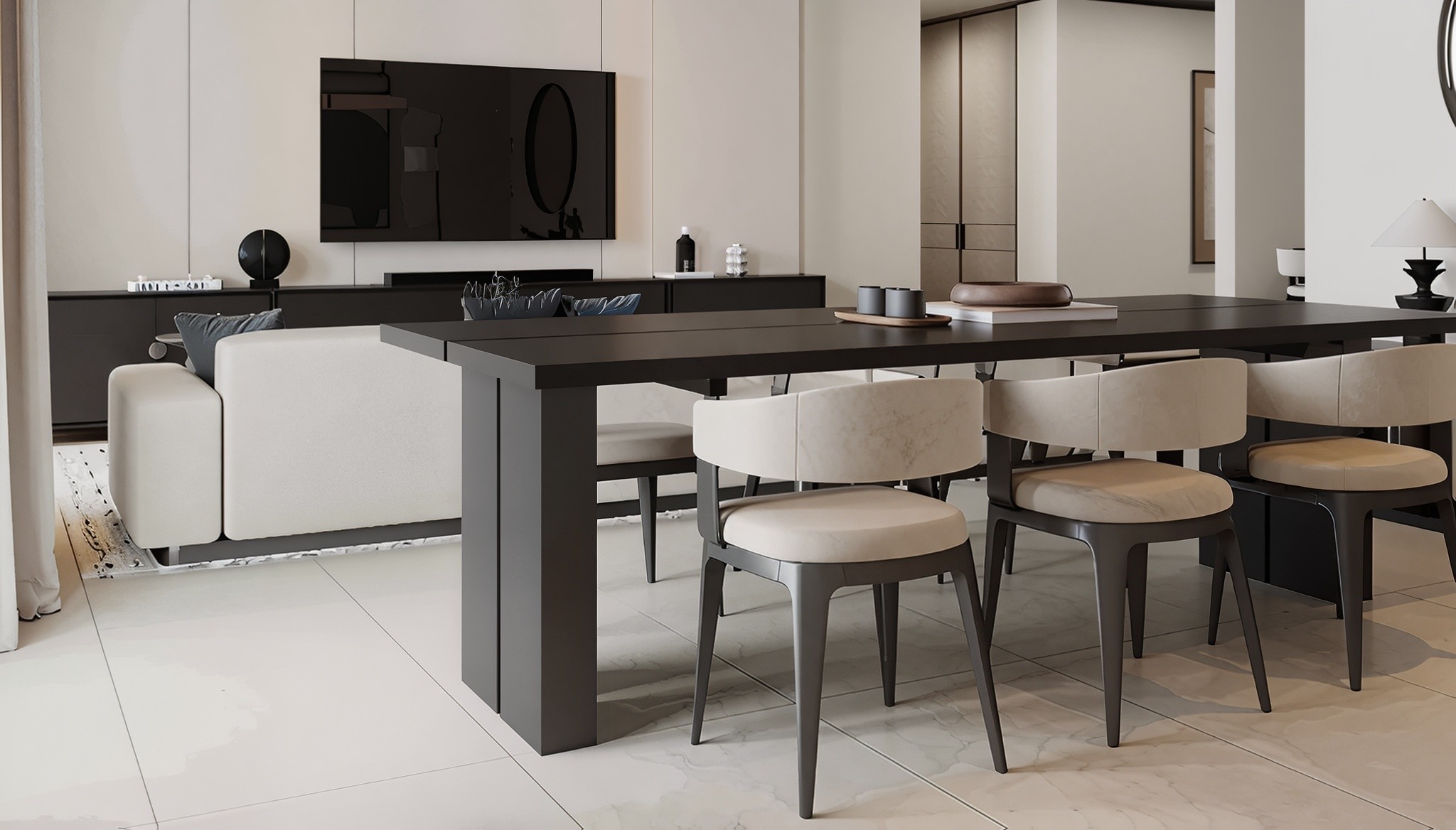 Modern office design showcasing a round table and chairs, found in Marea Residences.