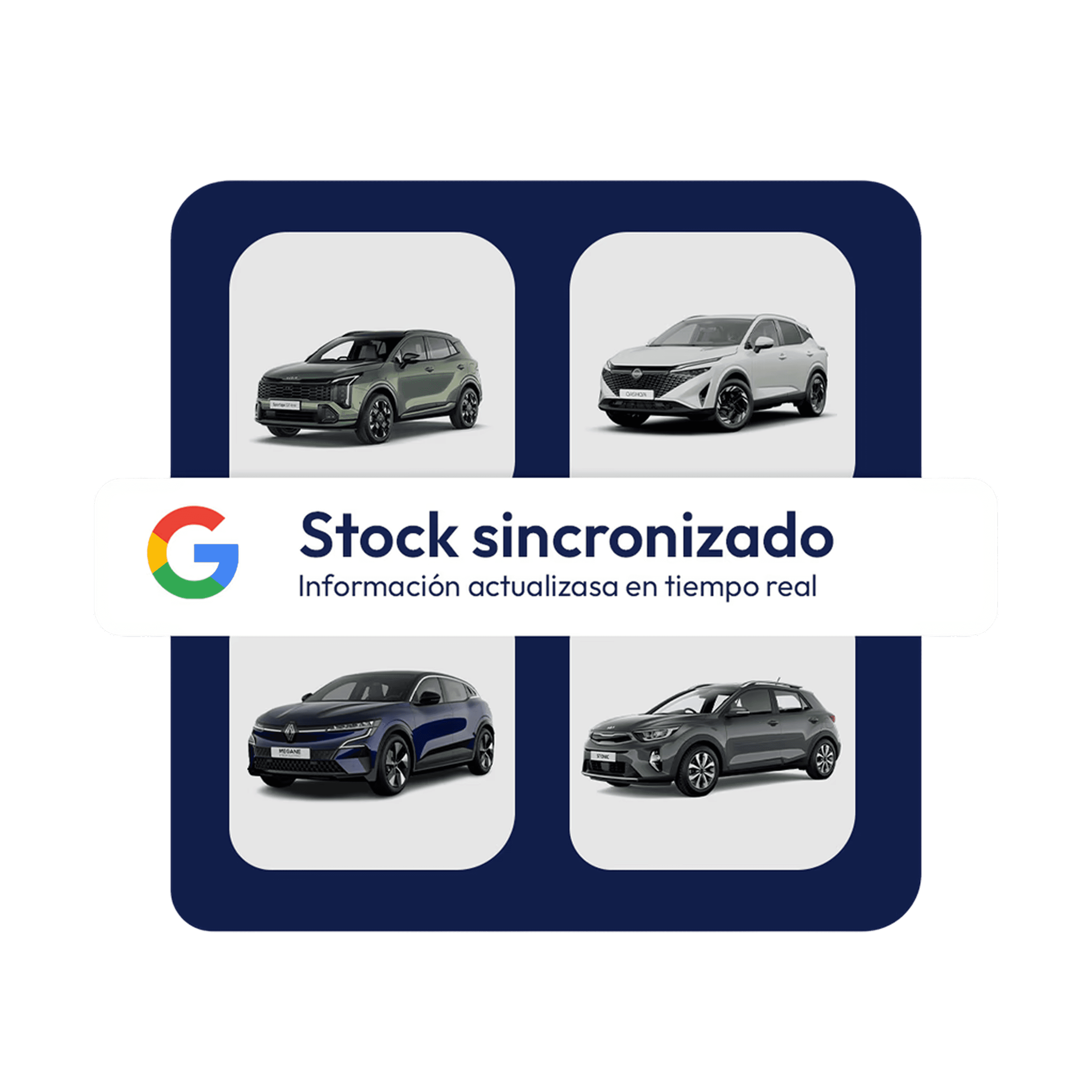 Cars in a grid with "Stock sincronizado" text, Google logo