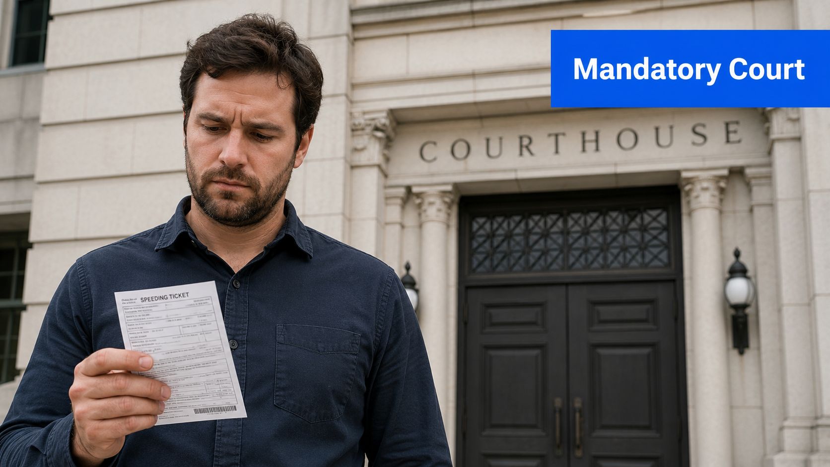 A concerned man standing in front of a courthouse holding a printed speeding ticket in his hands.