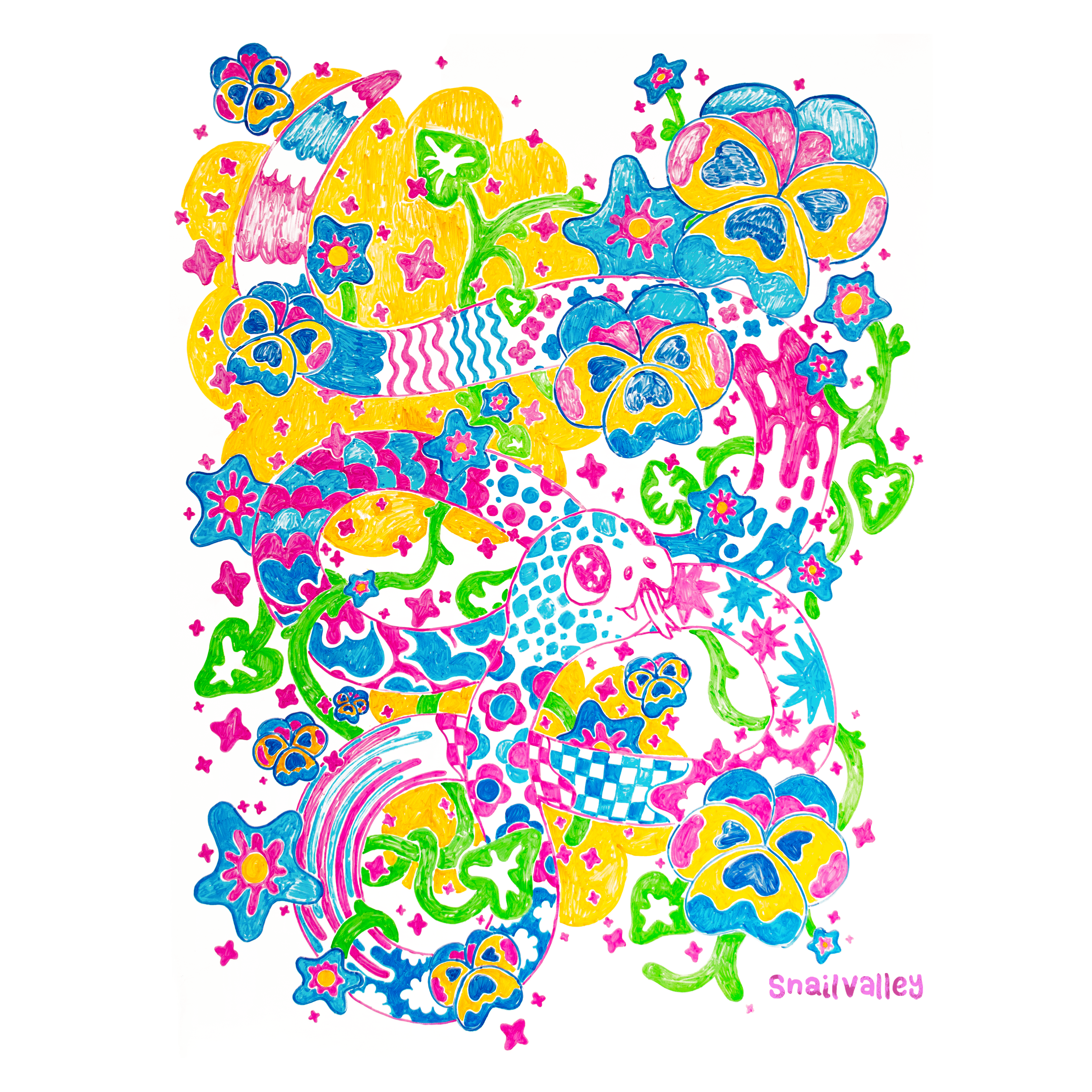 An illustration of a blue and pink snake, twisting over blue, pink, and yellow flowers and fields of colour.