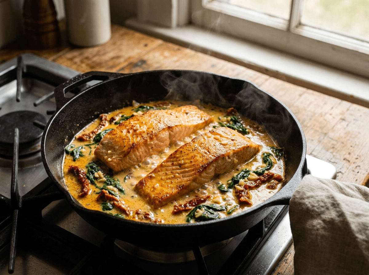 Creamy Tuscan salmon skillet with spinach and sun-dried tomatoes