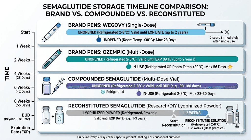 Semaglutide in-use shelf life comparison chart for different product forms