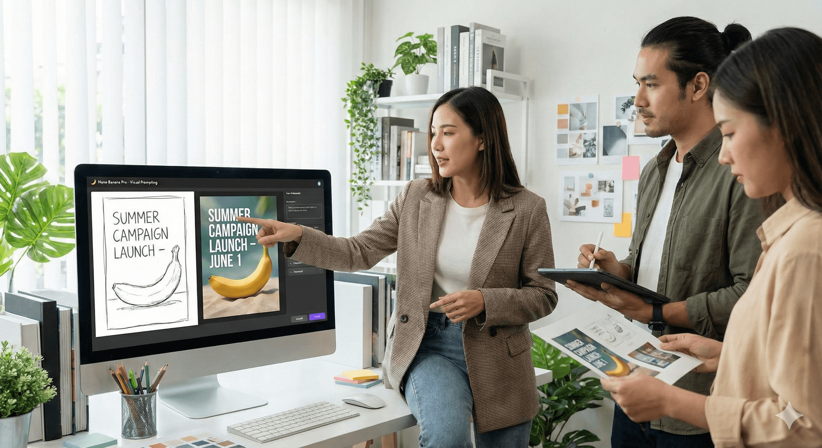 A team collaborates in a modern office, discussing two summer campaign launch posters displayed on a computer screen, one featuring a banana sketch and the other a vibrant photo of a banana, while referencing documents and a tablet.