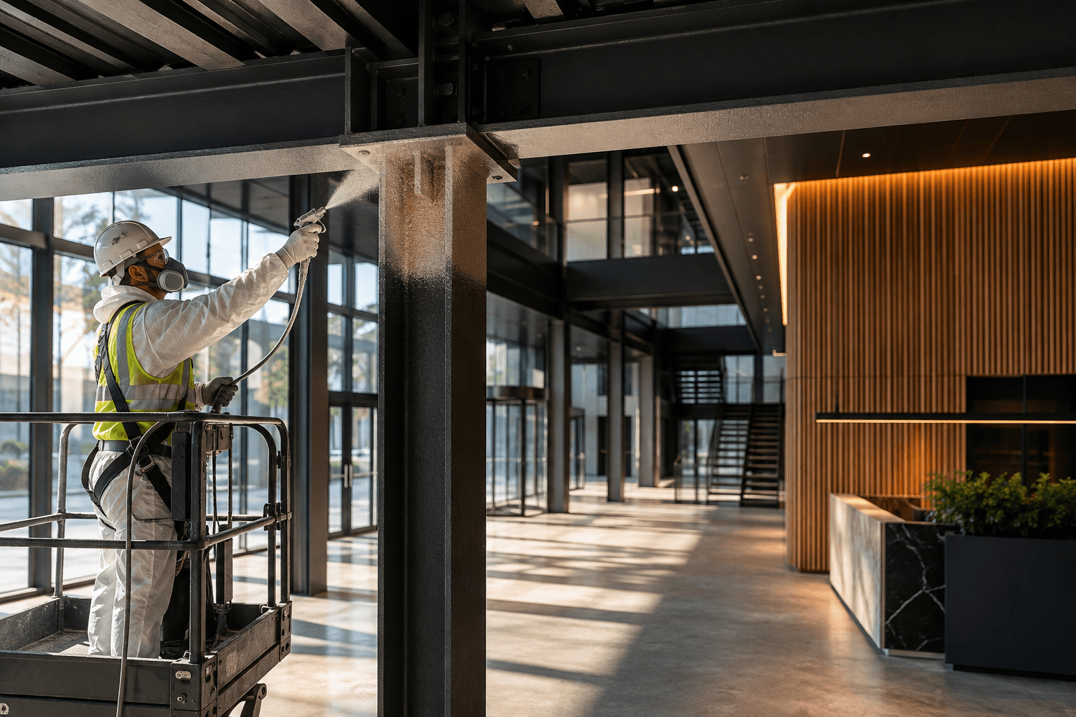 Operative applying passive fire protection coating to structural steel in a modern atrium