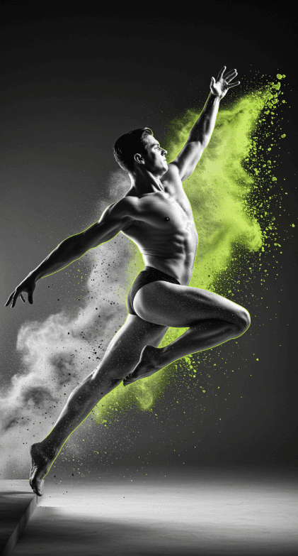 Dynamic key visual of a male athlete mid-air. The black and white photography is punctuated by a vibrant lime green powder explosion, visualizing the brand concept of 'Energy Amplified' through AI-enhanced art direction.