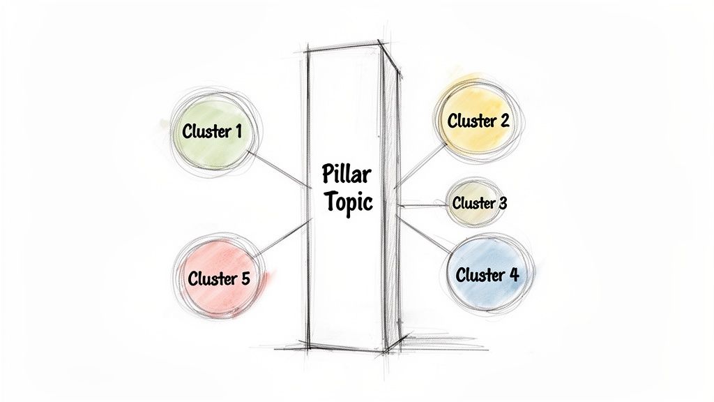 A hand-drawn sketch illustrating a content marketing pillar topic with five supporting cluster topics.