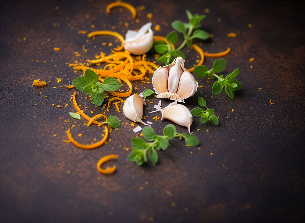 Garlic bulbs and orange peels on a dark surface.
