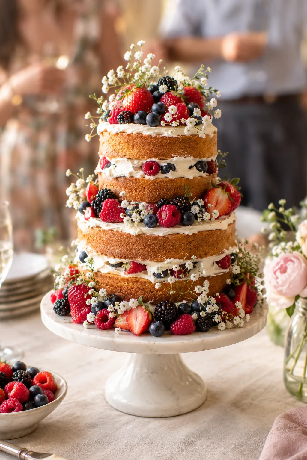 Three-tier berry naked cake at a party
