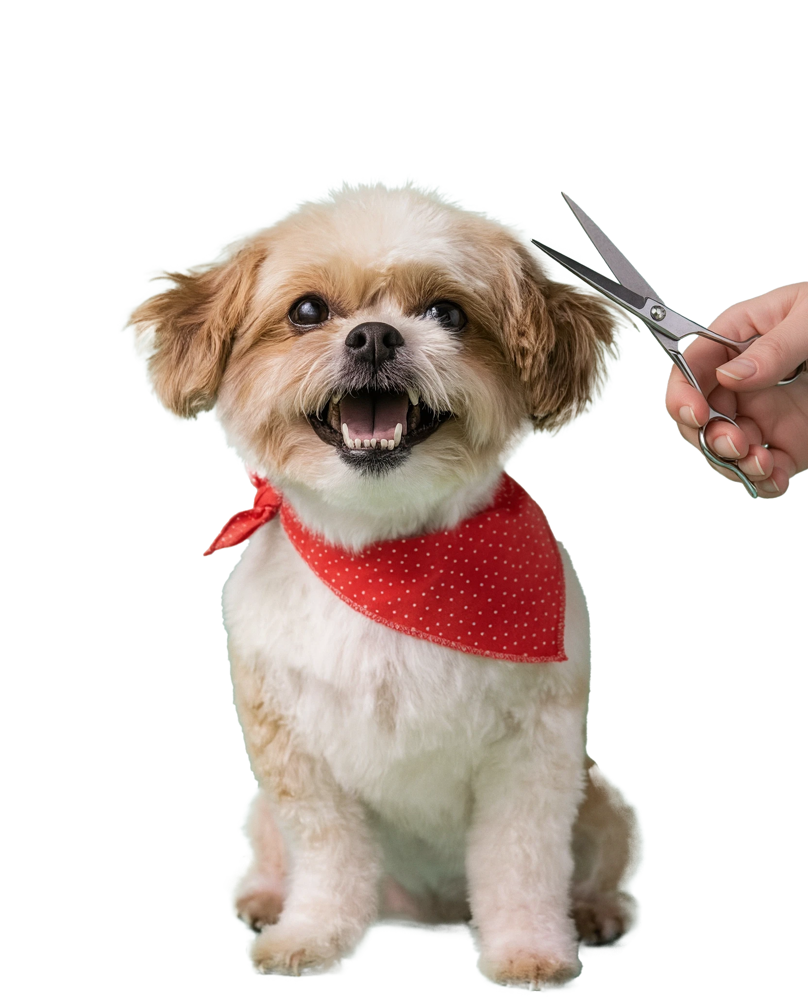 Shih Tzu getting a haircut with scissors.