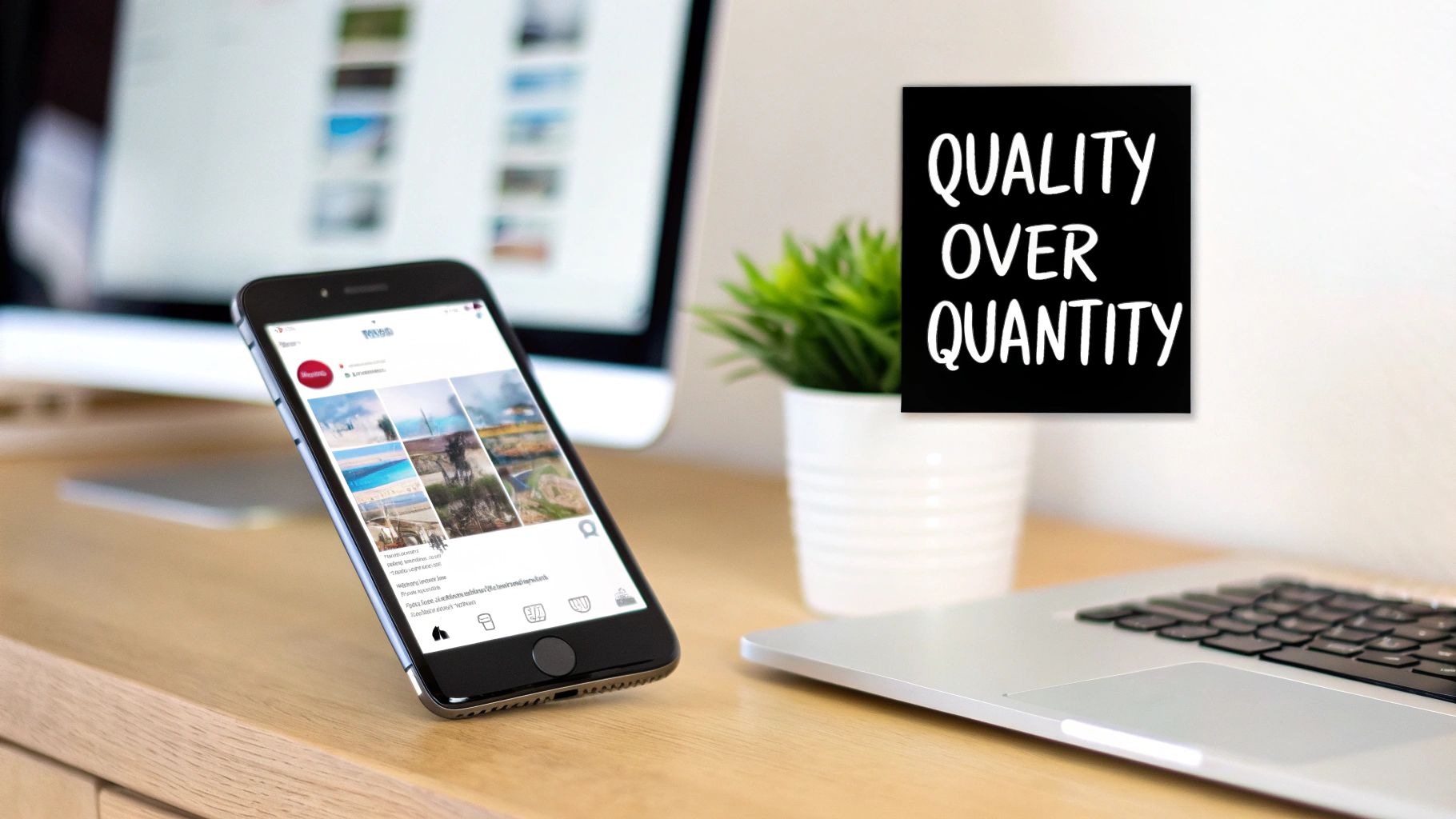 A smartphone displaying an Instagram feed on a wooden desk with a laptop and a sign reading 'Quality Over Quantity'.