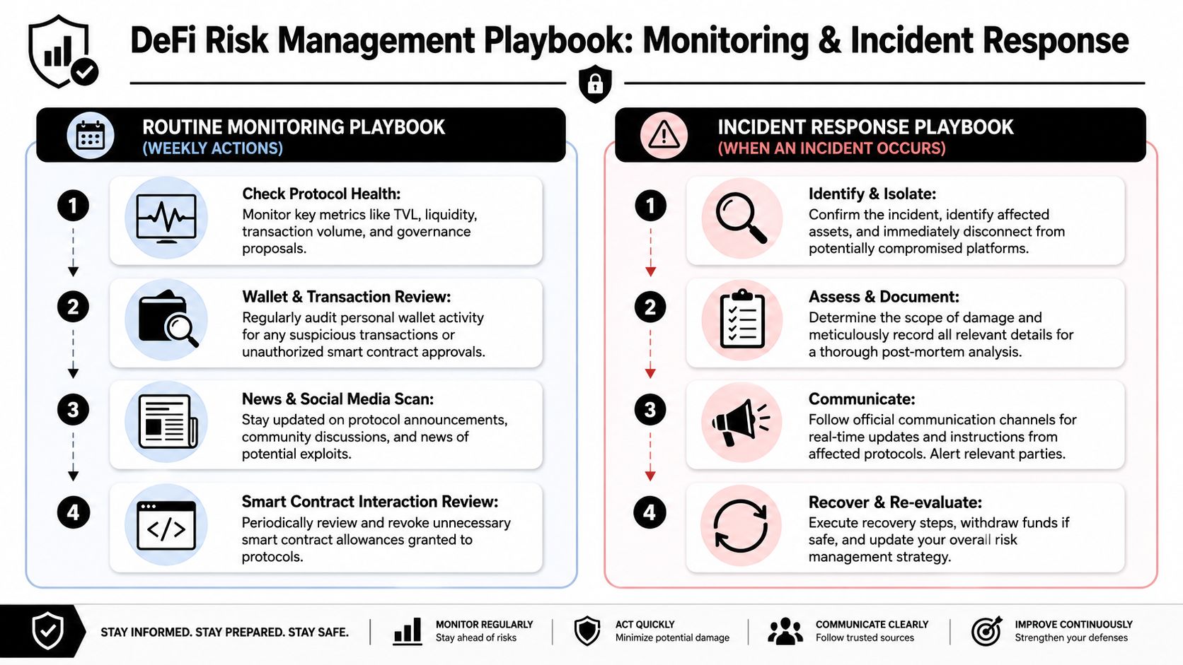 A comprehensive DeFi risk management infographic outlining routine monitoring practices and incident response steps for crypto users.
