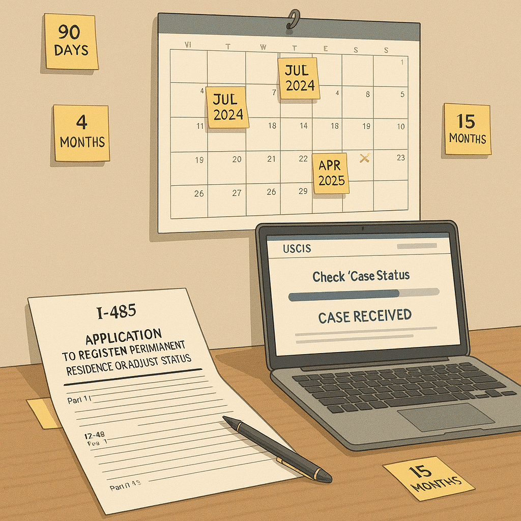 Digital illustration of a desk with an open I-485 adjustment of status form, a laptop showing the USCIS case tracker webpage, and a wall calendar marked with multiple waiting dates, symbolizing the timeline of the green card application process.