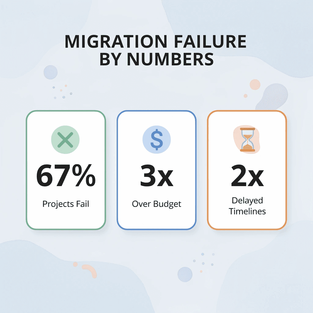 Infographic showing key failure statistics for mainframe to cloud migration projects