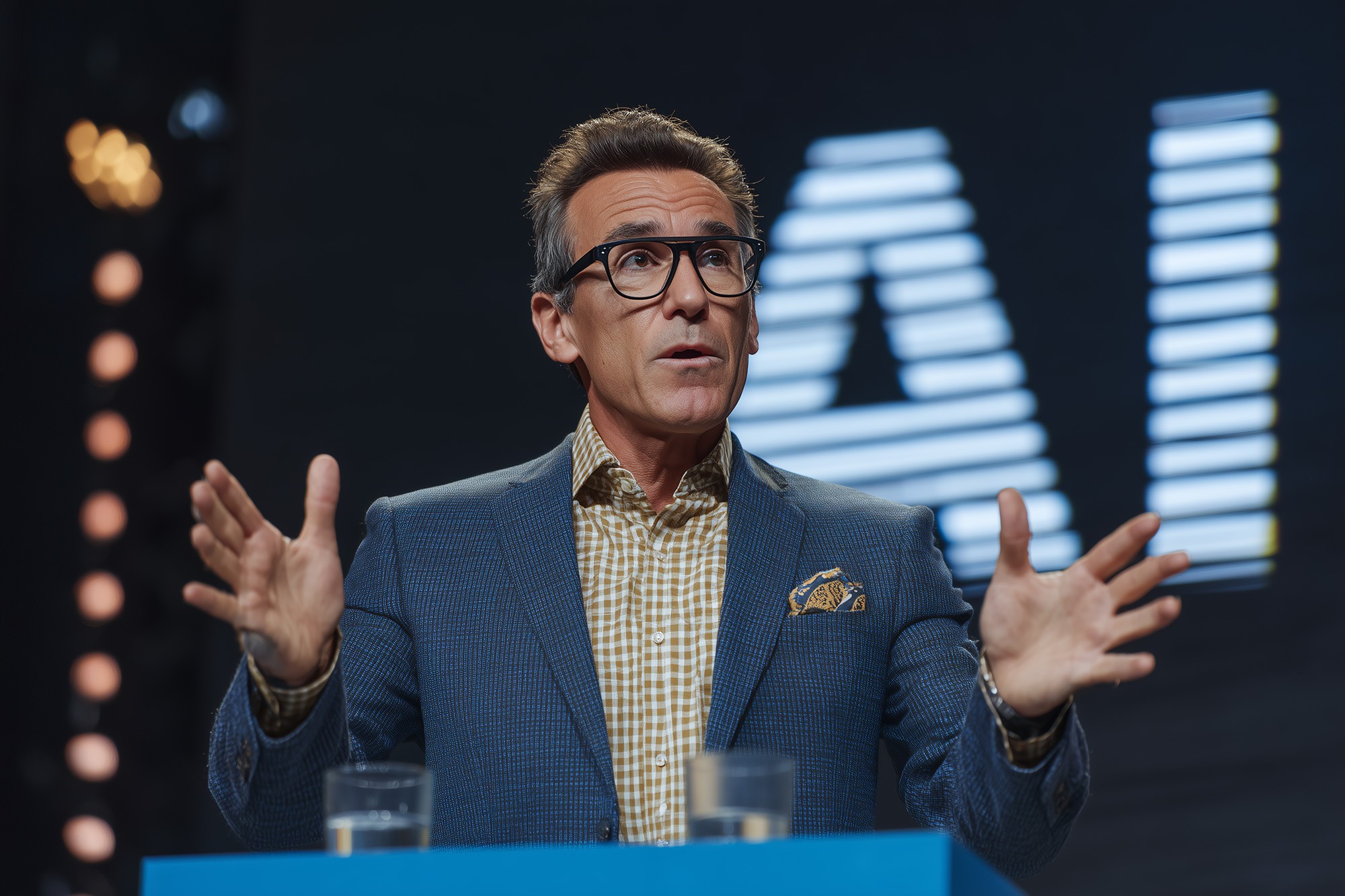 A speaker gestures passionately at a podium, with "AI" illuminated in the background.