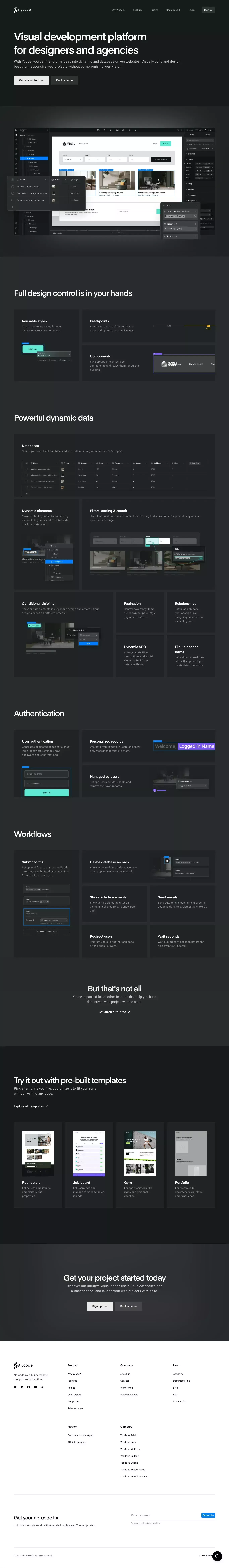 Visual development platform for designer landing page screenshot showcasing Design and Tech design