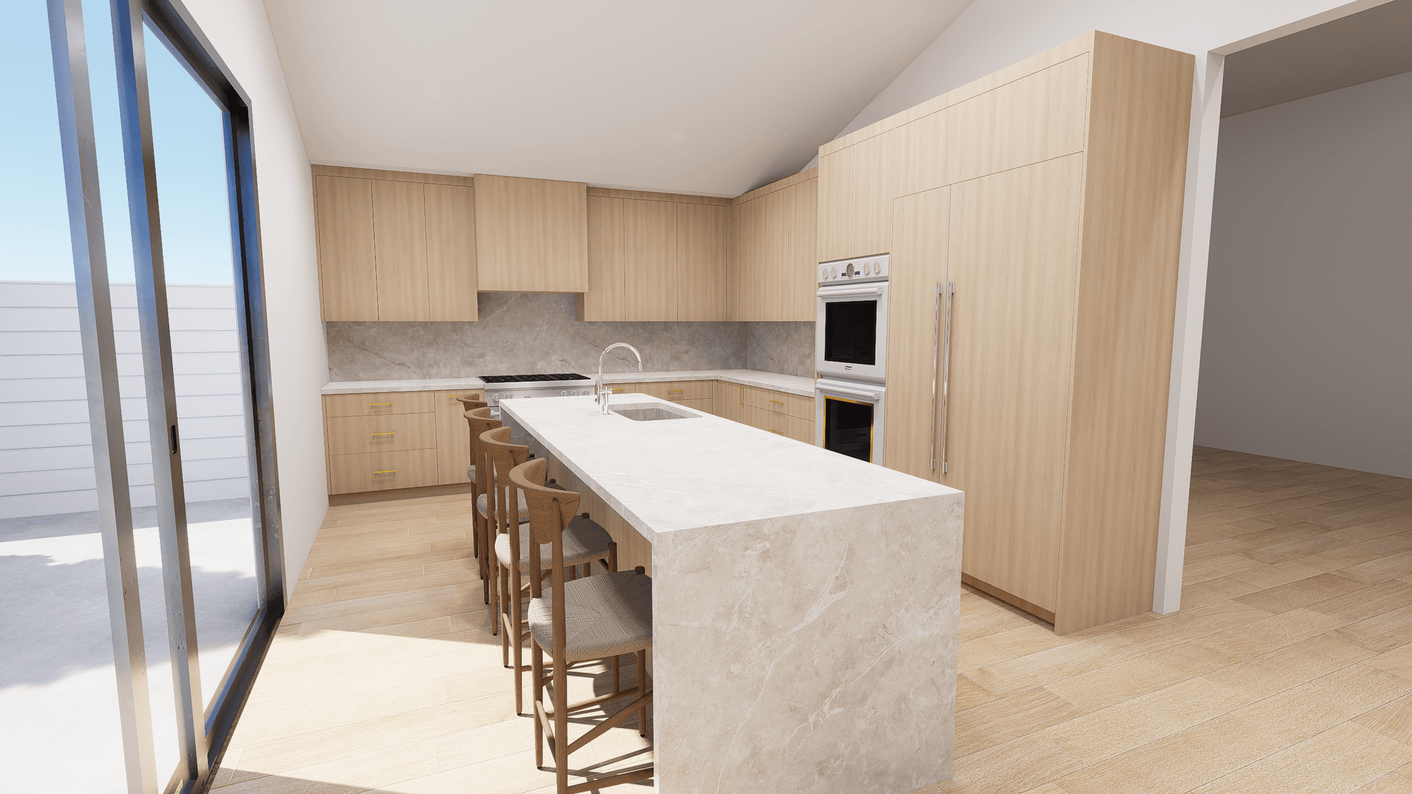 realistic 3D rendering of a white oak kitchen