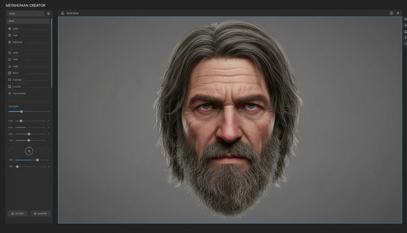 Screenshot of the Unreal Engine MetaHuman Creator software interface in Modern Dark Mode. On the left, a dark gray sidebar features UI elements and abstracted text lines for character customization. The central panel showcases a hyper-realistic 3D render of a middle-aged man's head with weathered skin, detailed wrinkles, and blue eyes. He has messy, shoulder-length salt-and-pepper hair and a matching goatee. The character is rendered against a simple, neutral gray studio backdrop with soft, diffused lighting that highlights photorealistic skin and hair textures. The entire application window is framed by a thin, glowing blue border.
