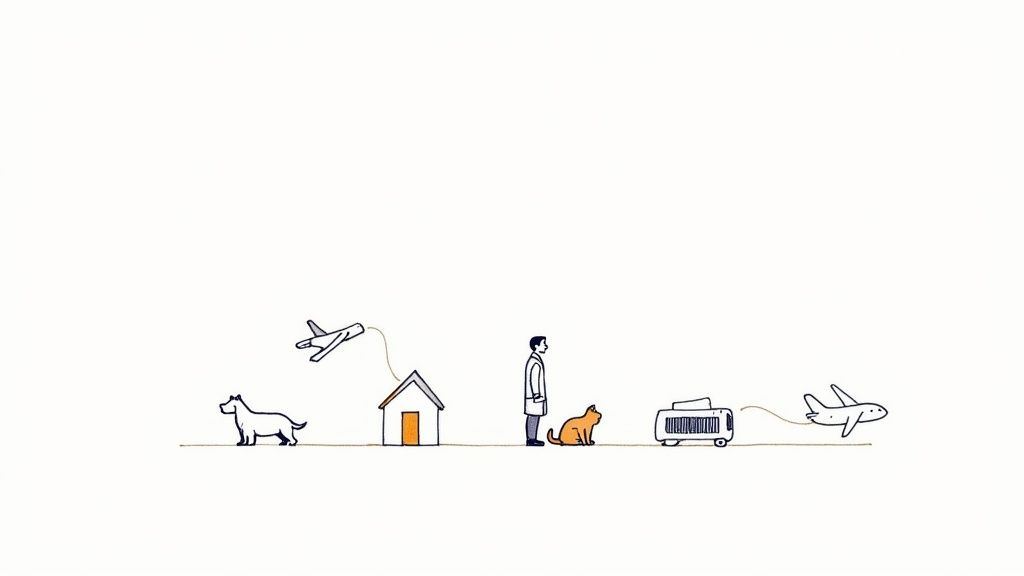Minimalist illustration showing a dog, house, person, cat, and pet carrier with airplanes, symbolizing animal travel.