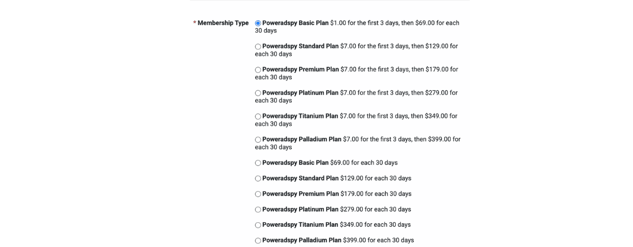 PowerAdSpy membership plans and pricing options list