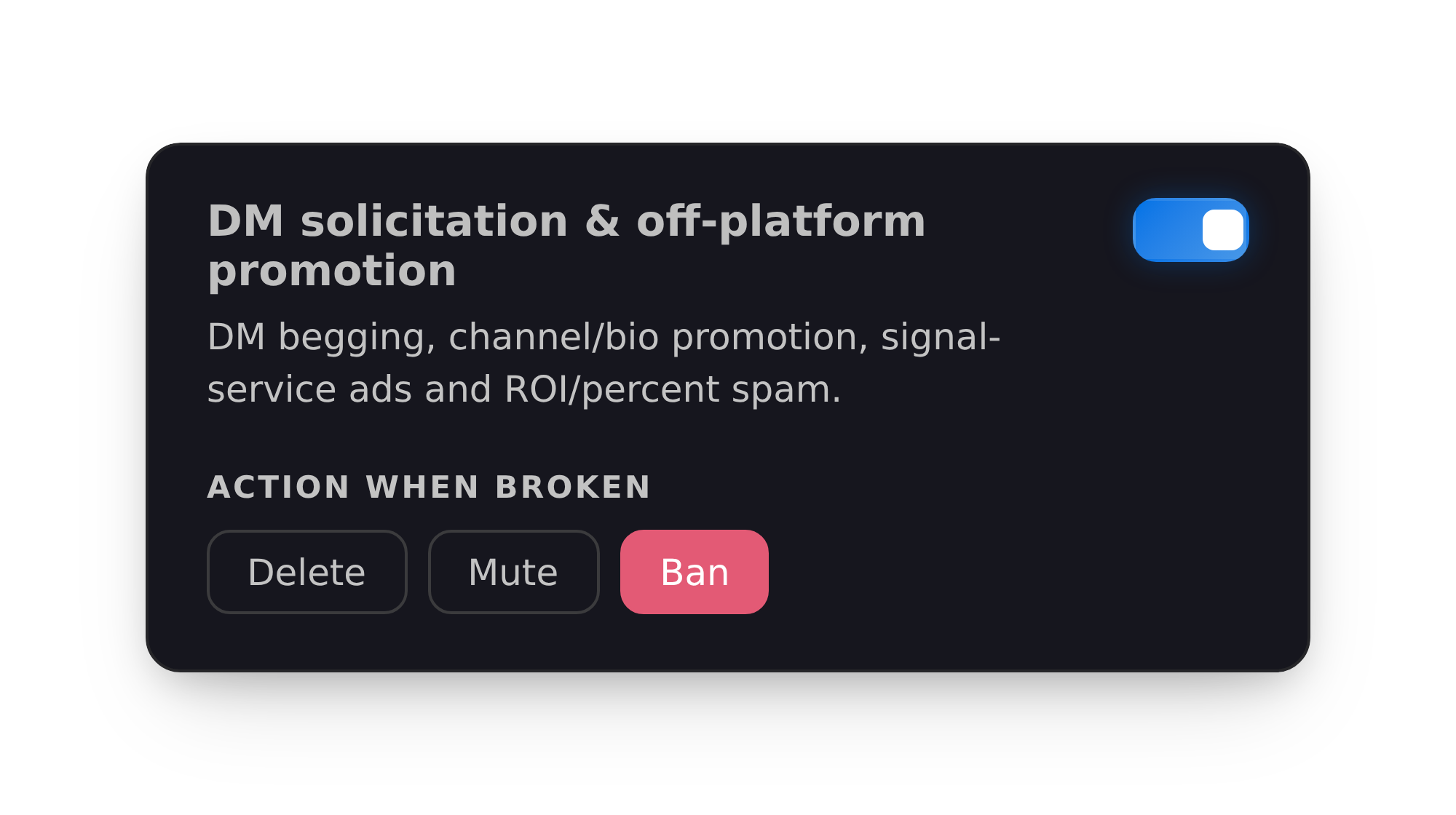 Setting up a collony moderation rule for DM solicitation and off-platform promotion, configured to ban offenders.