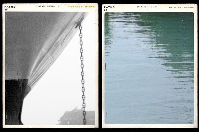 The image shows two photographs mounted side by side. Both are labeled “PATHS #5” and “PATHS #2” in the top corners. The left photograph is in black and white and depicts a chain hanging down from the top left corner, extending diagonally towards the bottom right. The right photograph is in color and shows a body of water with a reflection of the sky and surrounding landscape on its surface.