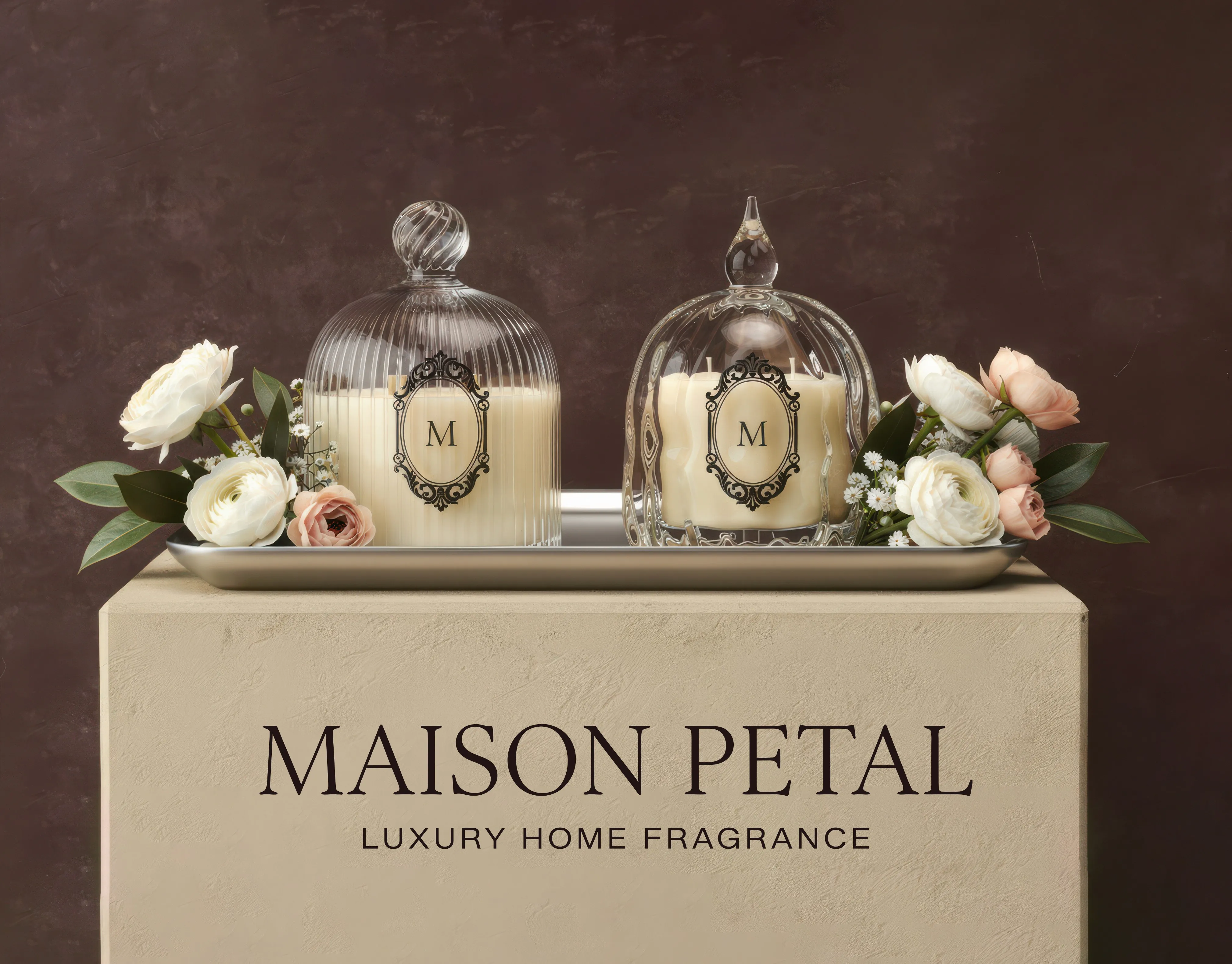Elegant candles in glass cloches with floral accents on a tray. Text reads "Maison Petal Luxury Home Fragrance." Sophisticated and serene ambiance.
