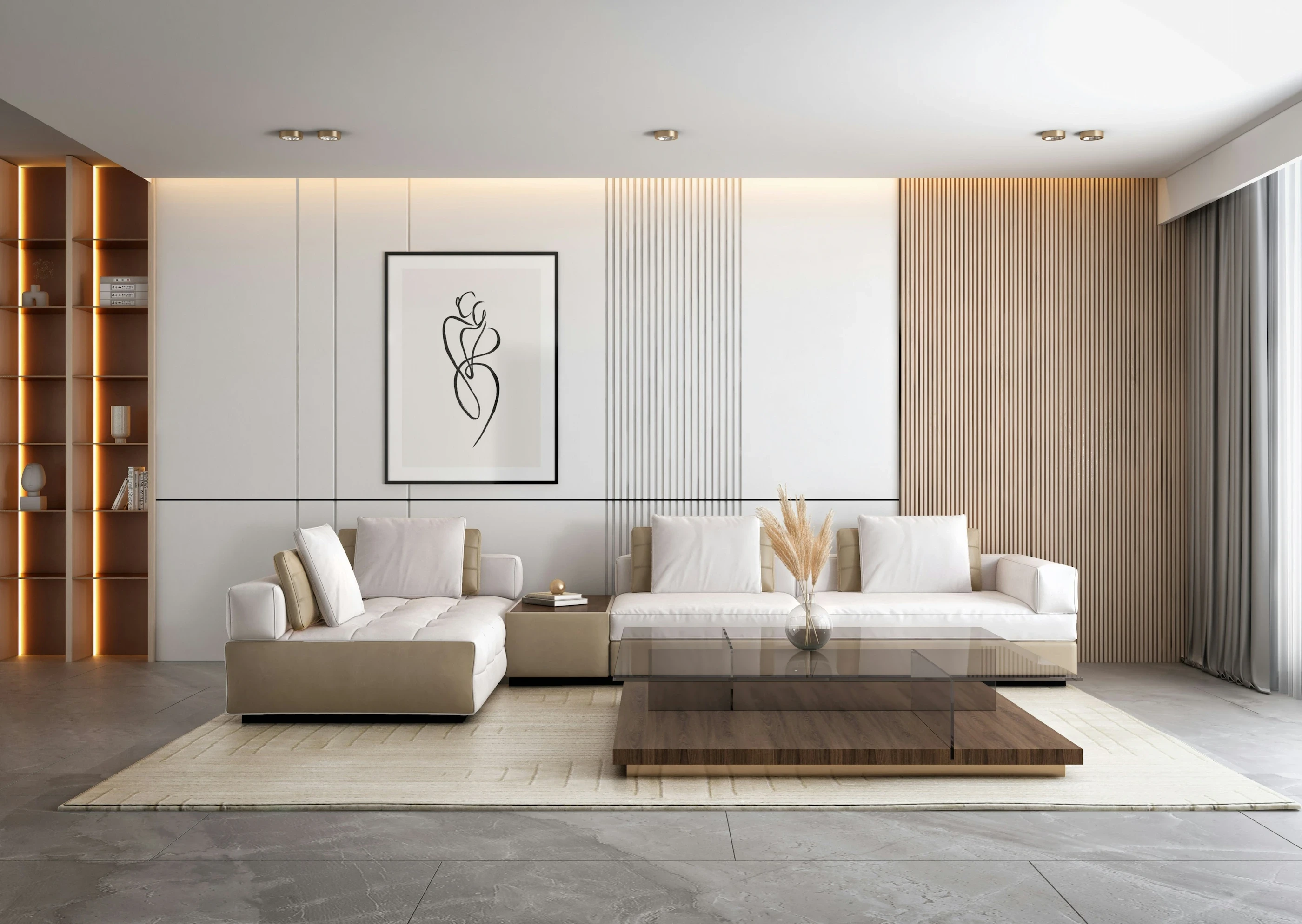 Living room mixing white and wood tones