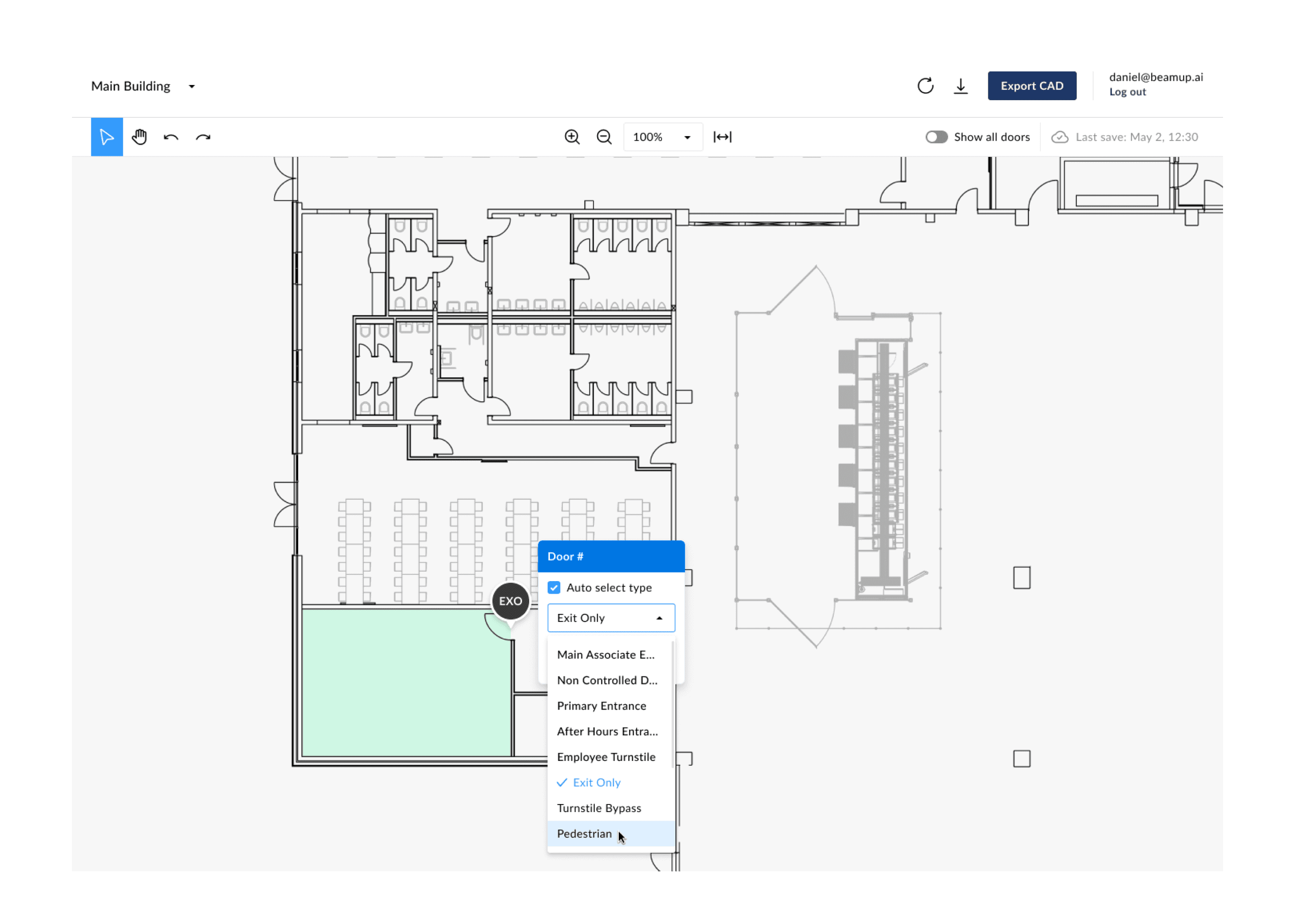 A browser window showing a floor plan inside a security design tool with a selected door that's being edited