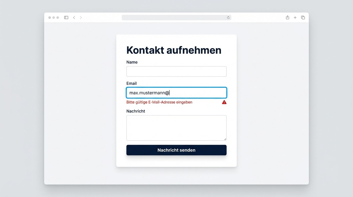 Beispiel eines barrierefreien Kontaktformulars mit sichtbaren Labels, deutlichem blauem Focus State und verständlicher Fehlermeldung
