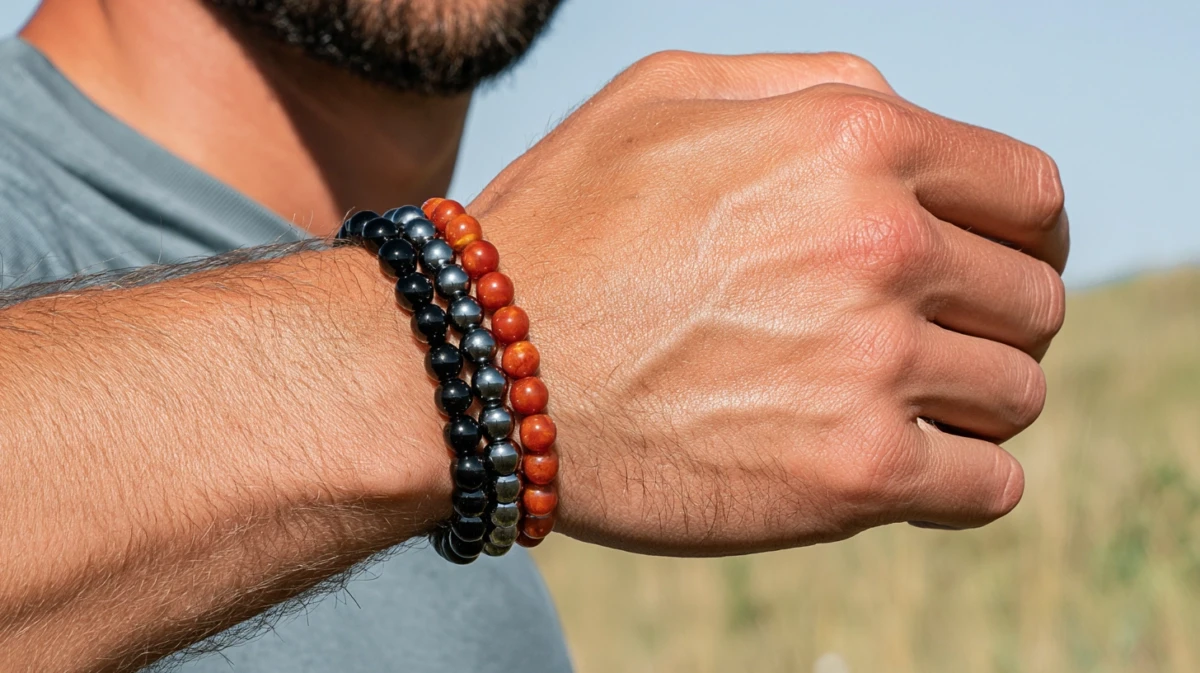 Three crystal bracelets stacked on a wrist with onyx, hematite, and carnelian.