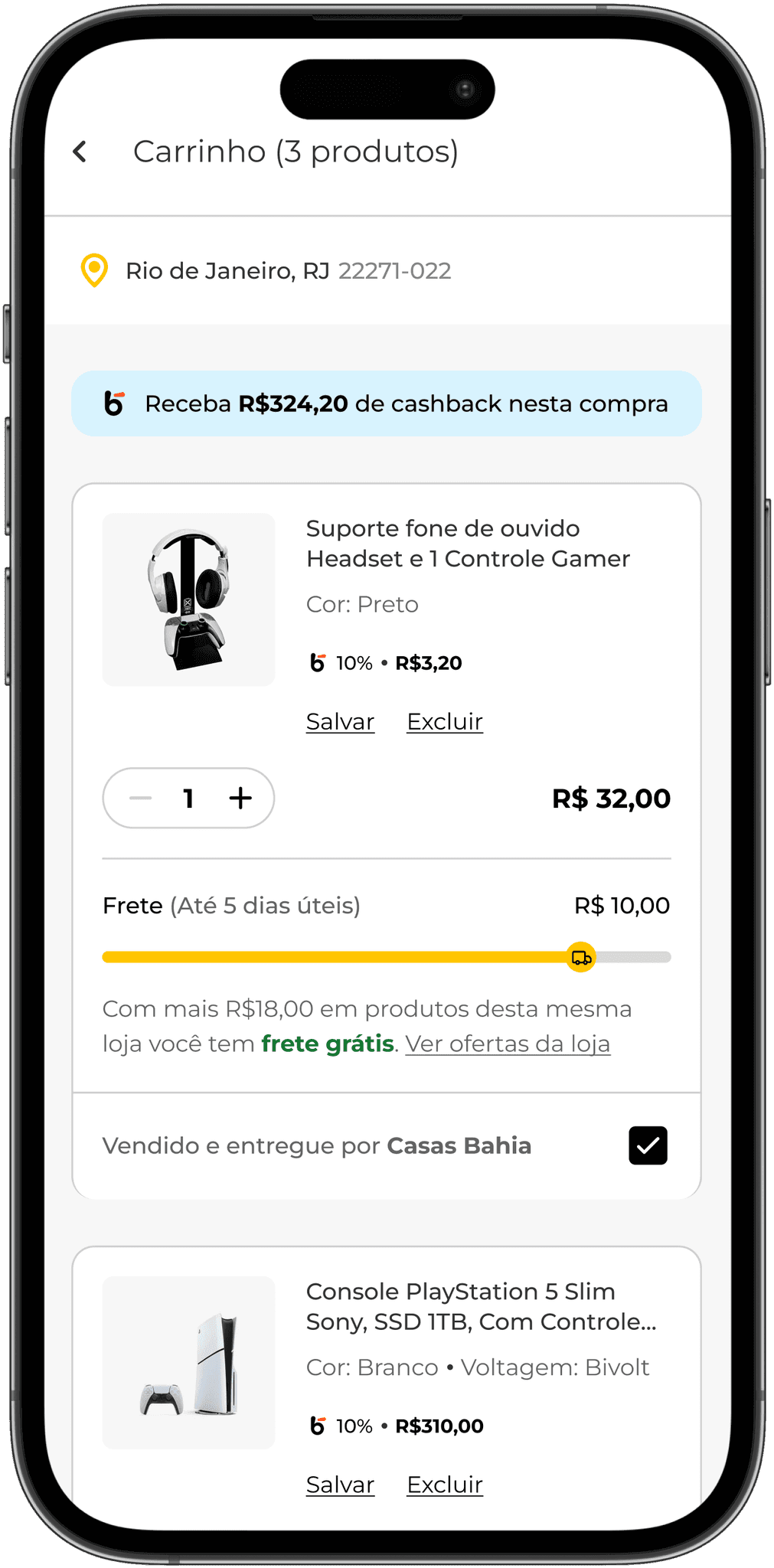 Visão da tela de um carrinho de compras online, com dois itens adicionados. A imagem mostra detalhes como nome dos produtos, preço unitário, quantidade, valor total, frete, indicativo de valor a ser atingido para entrega gratuita e informações sobre o vendedor. Além disso a página conta com uma indicação de quanto o usuário receberá de cashback com a compra total daquele carrinho.
