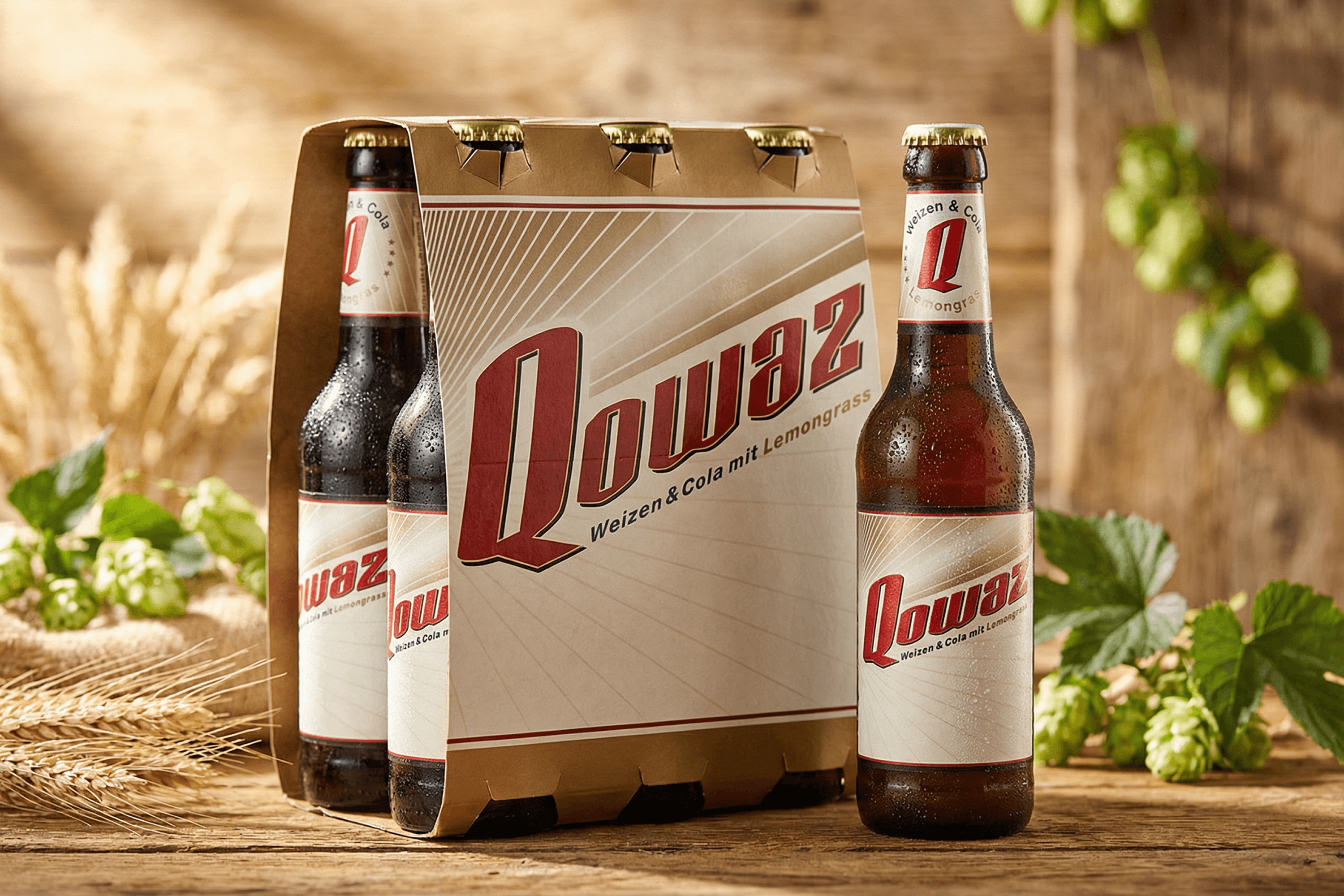 Qowaz Weizen & Cola bottles in a six-pack carrier