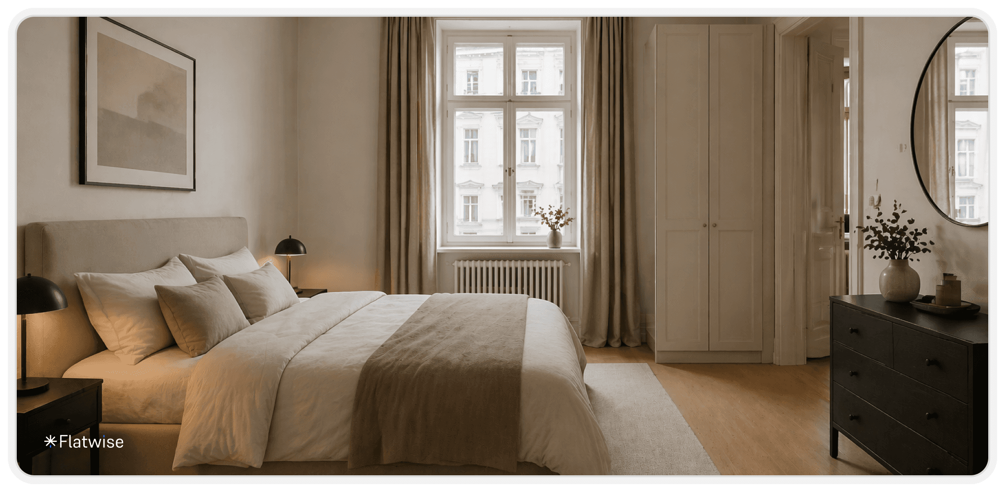 Ruhiges, modern eingerichtetes Schlafzimmer in einer Salzburger Altbauwohnung mit großem Bett, neutralen Farben, hohen Fenstern und viel Tageslicht.