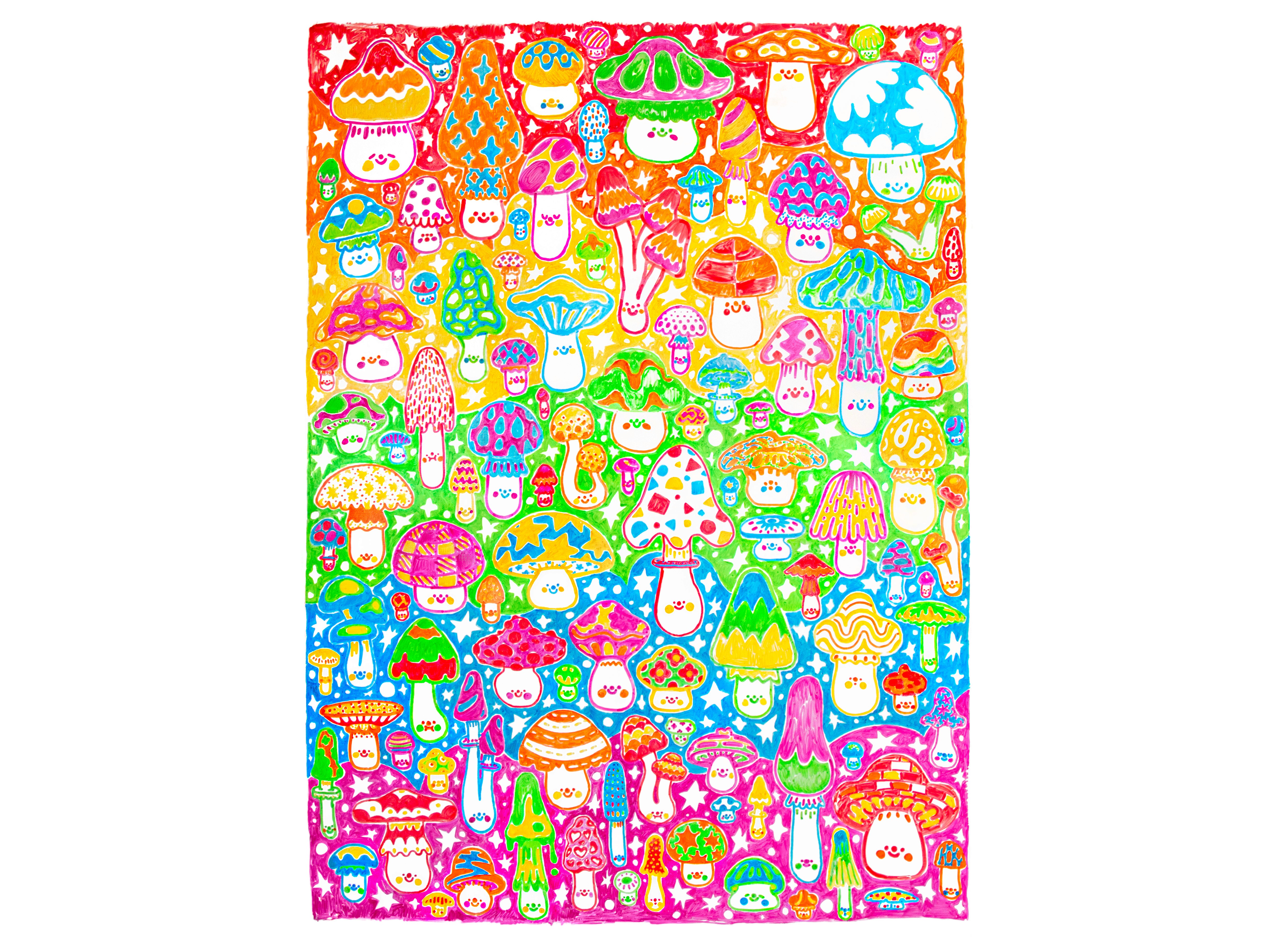 An illustration of dozens of brightly coloured mushrooms with cute faces in many patterns. It is a rainbow, starting from red at the top and transitioning down to pink at the bottom.
